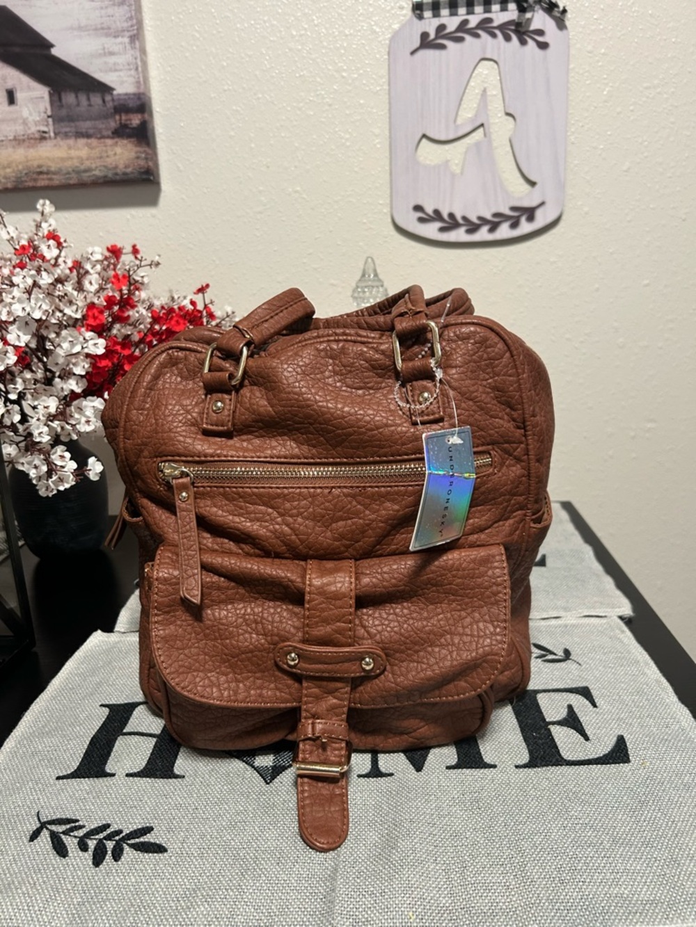 Under One Sky Chestnut Brown Textured Faux Leather Backpack NWT